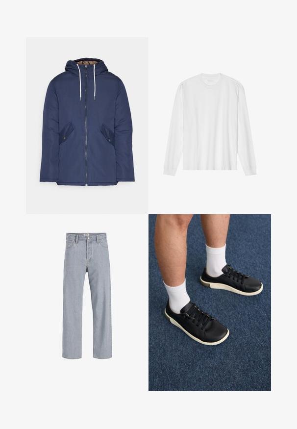 Sötétkék bélelt dzseki kapucnival, elülső cipzárral, két oldalsó zsebbel gombokkal és fehér húzózsinórokkal.; Hosszú ujjú fehér pamut póló, kerek nyakkivágással és bordázott mandzsettákkal. Egyszerű, díszítés nélküli dizájn, sima tapintással és normál fazonnal.; Világoskék farmernadrág, laza szabású, egyenes lábú kialakítással, látható varrással, két elülső zsebbel és gombos záródással.; Fekete sneaker, sima bőrből készült, fehér talppal, hat fűzőlyukkal és fekete fűzőkkel, valamint egy diszkrét bézs akcentussal a saroknál.