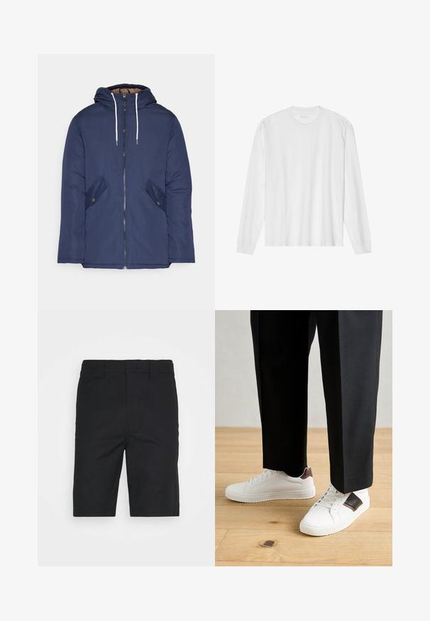 Jūrinė mėlyna pūkinė striukė su kapišonu, turinti priekinį užtrauktuką, dvi šonines kišenes su sagomis ir baltus raiščius.; Ilgos rankovės baltas medvilnės marškinėliai su apvaliu kaklu ir raukšlėtomis rankovėmis. Paprastas, be puošmenų dizainas, turintis lygią tekstūrą ir standartinę prigludimą.; Juodos medvilnės šortai su tiesiu kirpimu, diržo kilpos ir tvarkinga apdaila. Turi paslėptus priekiniai kišenes ir lygų paviršių.; Balti sportbačiai su glotnia danga, puošti rudais odiniais akcentais ir juodais detalėmis, derinami su juodais pritaikytais kelnėmis. Medinių grindų fonas.
