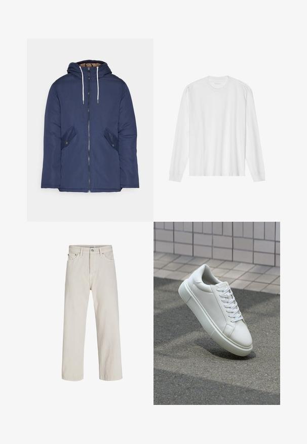 Námornícky modrá vystužená bunda s kapucňou, so zipsom vpredu, dvomi bočnými vreckami s gombíkmi a bielymi šnúrkami.; Dlhý rukáv, biela bavlnená tričko s okrúhlym výstrihom a rebrovanými manžetami. Jednoduchý, bezvýzdobový dizajn s hladkou textúrou a štandardným strihom.; Svetlo béžové džínsy s rovného strihu, s prednými vreckami, zapínaním na gombík a jemnými detailmi šitia.; Biele kožené tenisky s hladkým povrchom, okrúhlym špičkou a plochými bielymi šnúrkami. Obsahuje štruktúrovanú gumovú podrážku a minimalistický dizajn.