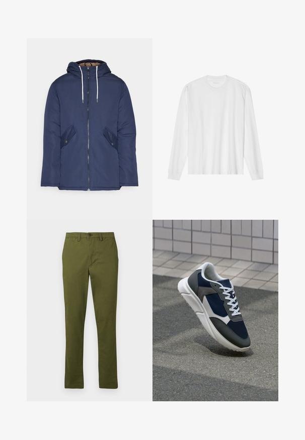 Marineblau gepadded Jacke mit Kapuze, ausgestattet mit einem Reißverschluss vorne, zwei seitlichen Taschen mit Knöpfen und weißen Kordeln.; Langärmliges weißes Baumwoll-T-Shirt mit Rundhalsausschnitt und gerippten Bündchen. Einfaches, ungeschmücktes Design mit glatter Textur und normaler Passform.; Olivengrüne Baumwollhose, gerade Schnittform, Knopfverschluss, mit Gürtelschlaufen und Seitentaschen, glatte Textur, ohne Muster.; Sneaker mit einem Obermaterial aus navyblauem Mesh, grauen Wildlederelementen, einer weißen Gummisohle und flachen weißen Schnürsenkeln, entworfen für Komfort und Atmungsaktivität.