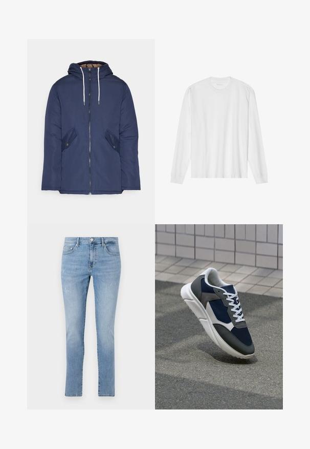 Jachetă căptușită bleu marin cu glugă, având un fermoar frontal, două buzunare laterale cu nasturi și șnururi albe.; Tricou alb din bumbac, cu mânecă lungă, gât rotund și manșete ribotate. Design simplu, fără ornamentație, cu o textură netedă și o croială standard.; Blugi din denim de culoare bleu deschis, cu croială dreaptă, având un design uzat, stil cu cinci buzunare și accesorii metalice la talie.; Adidași cu un uppers din plasă albastră închisă, accente din suede gri, talpă din cauciuc alb și șireturi plate albe, concepuți pentru confort și respirabilitate.
