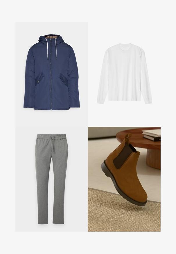 Jūras zila pufīgā jaka ar kapuci, kas aprīkota ar priekšējo rāvējslēdzēju, divām sānu kabatām ar pogām un baltiem aukliņām.; Garas piedurkņu balta kokvilnas T-kreklu ar apaļu kakla izgriezumu un ribotām aprocēm. Vienkāršs, neizpušķots dizains ar gludu tekstūru un standarta piegriezumu.; Pelēki, sašaurināti bikses, kas izgatavotas no teksturēta auduma. Ar elastīgu jostasvietu un auklu, bez kabatām un ar gludu virsmu.; Brūni ādas Čelsi zābaki ar melniem elastīgiem sānu paneļiem, noapaļota purngala forma, teksturēta gumijas zole un neliels izvilkšanas cilpiņas aizmugurē.