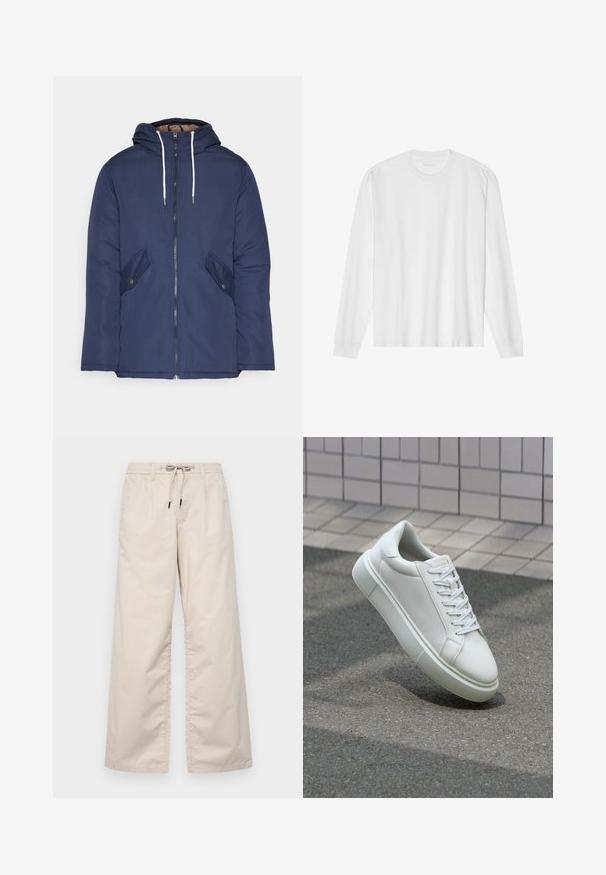 Jachetă căptușită bleu marin cu glugă, având un fermoar frontal, două buzunare laterale cu nasturi și șnururi albe.; Tricou alb din bumbac, cu mânecă lungă, gât rotund și manșete ribotate. Design simplu, fără ornamentație, cu o textură netedă și o croială standard.; Pantaloni lungi de culoare bej deschis, cu talie elastică și șnur. Material din bumbac neted, cu două pliuri frontale și fără buzunare vizibile.; Sneaker alb din piele cu o suprafață netedă, vârf rotund și șireturi plate albe. Dispune de o talpă din cauciuc texturată și elemente de design minimale.