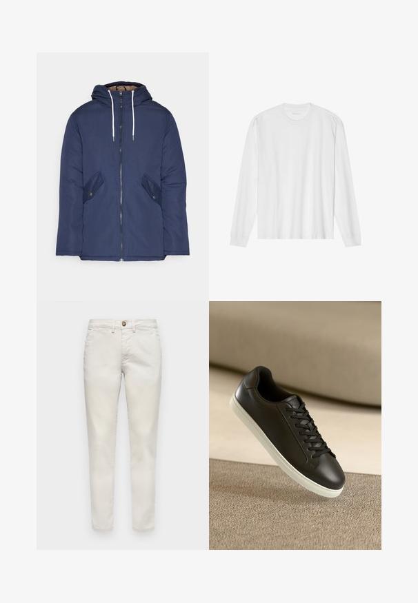 Sötétkék bélelt dzseki kapucnival, elülső cipzárral, két oldalsó zsebbel gombokkal és fehér húzózsinórokkal.; Hosszú ujjú fehér pamut póló, kerek nyakkivágással és bordázott mandzsettákkal. Egyszerű, díszítés nélküli dizájn, sima tapintással és normál fazonnal.; Beige színű pamut nadrág, slim fit stílusban, gombos záródással, oldalsó zsebekkel és sima felülettel. Szabványos hosszúságú, felgombolt szegéllyel.; Fekete bőr sportcipő fehér gumitalppal és fekete fűzőkkel, bézs szövetfelületen és háttérben elhelyezve.