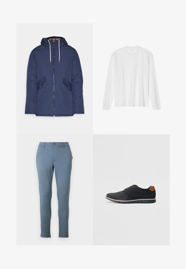 Veste matelassée bleu marine avec capuche, dotée d'une fermeture éclair à l'avant, de deux poches latérales avec boutons et de cordons de serrage blancs.; T-shirt en coton blanc à manches longues avec un col rond et des poignets côtelés. Design simple et sans ornements, avec une texture lisse et une coupe standard.; Pantalons ajustés bleu clair en tissu doux, avec une texture lisse, une fermeture à bouton à l'avant et des coutures ajustées sur les côtés.; Chaussures synthétiques noires avec un dessus texturé, accents lisses, talon marron et semelle contrastante. Présente un laçage minimal et des détails de couture.