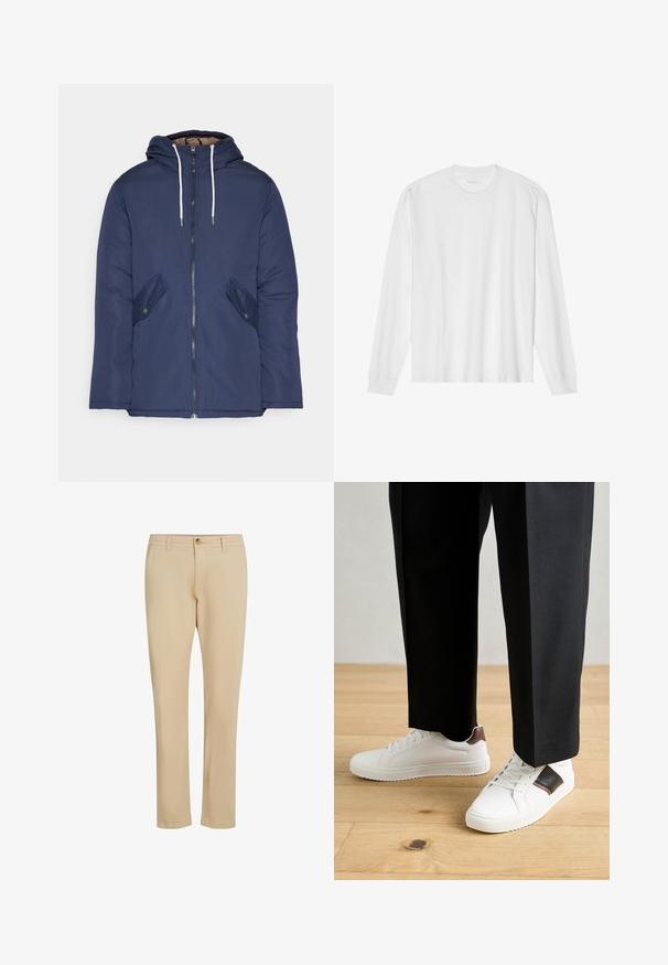 Marineblauwe gewatteerde jas met een capuchon, voorzien van een rits aan de voorkant, twee zijzakken met knopen en witte trekkoorden.; Wit katoenen t-shirt met lange mouwen, ronde hals en geribbelde manchetten. Eenvoudig, onopgesmukt ontwerp met een gladde textuur en een standaard pasvorm.; Beige broek met een recht gesneden ontwerp, voorzien van een rits en knoopsluiting, gemaakt van gladde stof met subtiele stiksels.; Witte sneakers met een gladde textuur, voorzien van bruine lederen accenten en zwarte details, gecombineerd met zwarte maatpakken. Achtergrond van houten vloeren.