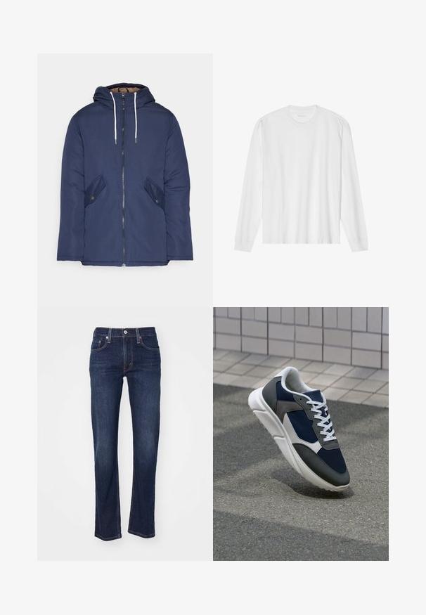 Jachetă căptușită bleu marin cu glugă, având un fermoar frontal, două buzunare laterale cu nasturi și șnururi albe.; Tricou alb din bumbac, cu mânecă lungă, gât rotund și manșete ribotate. Design simplu, fără ornamentație, cu o textură netedă și o croială standard.; Jeans din denim albastru închis cu un croi drept, având un design tradițional cu cinci buzunare și detalii cusute pe cusături.; Adidași cu un uppers din plasă albastră închisă, accente din suede gri, talpă din cauciuc alb și șireturi plate albe, concepuți pentru confort și respirabilitate.