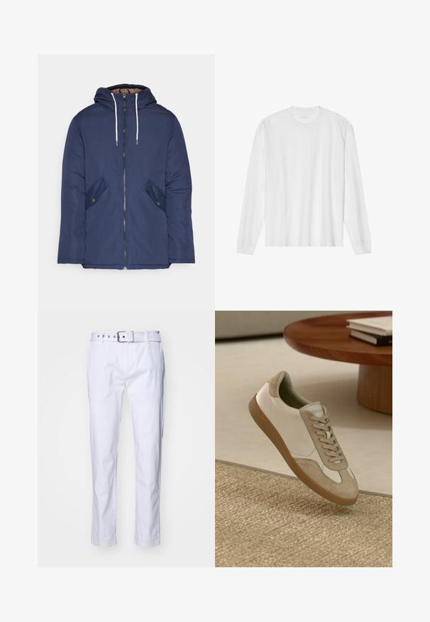 Chaqueta acolchada de color azul marino con capucha, cuenta con un cierre frontal de cremallera, dos bolsillos laterales con botones y cordones blancos.; Camiseta de algodón blanca de manga larga con cuello redondo y puños acanalados. Diseño simple y sin adornos, con una textura suave y corte estándar.; Pantalones de algodón blancos de corte recto, con una tela texturizada, pasadores para cinturón y un cinturón a juego con herrajes plateados.; Zapatillas ligeras con parte superior de cuero blanco y detalles en gamuza beige, punta redonda y suela de goma marrón texturizada.