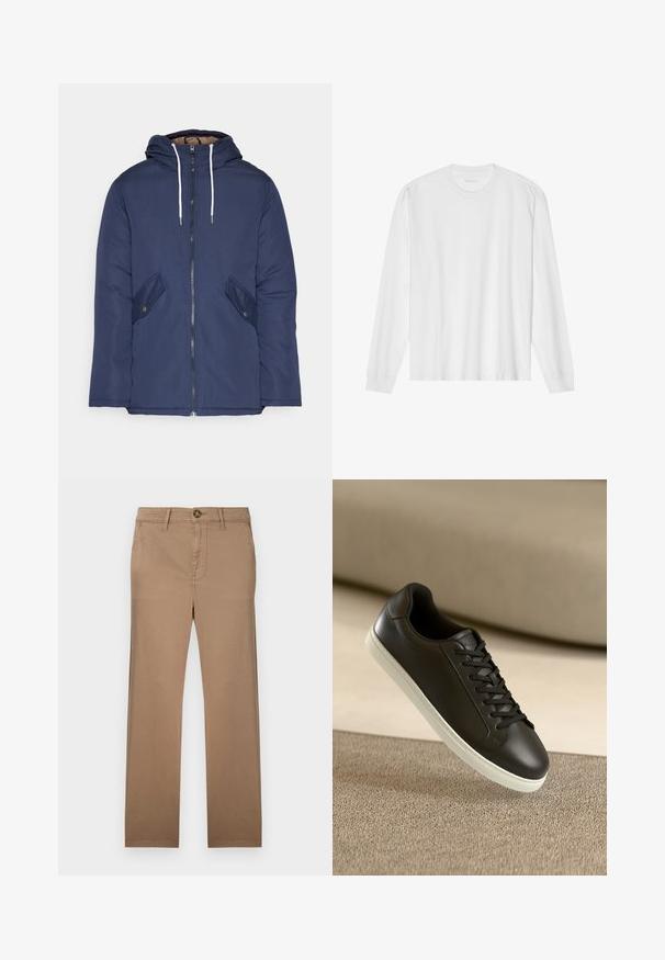 Casaco acolchoado azul-marinho com capuz, apresentando um fecho frontal com zíper, dois bolsos laterais com botões e cordões brancos.; Camiseta de algodão branca de mangas longas com gola redonda e punhos canelados. Design simples e limpo, apresentando uma textura suave e um ajuste padrão.; Chinos cáqui com um design de perna reta, confeccionados em tecido de algodão suave, incluindo um fecho de botão único e passantes para cinto.; Sneaker de couro preto com sola de borracha branca e atacadores pretos, posicionado sobre uma superfície e fundo de tecido bege.