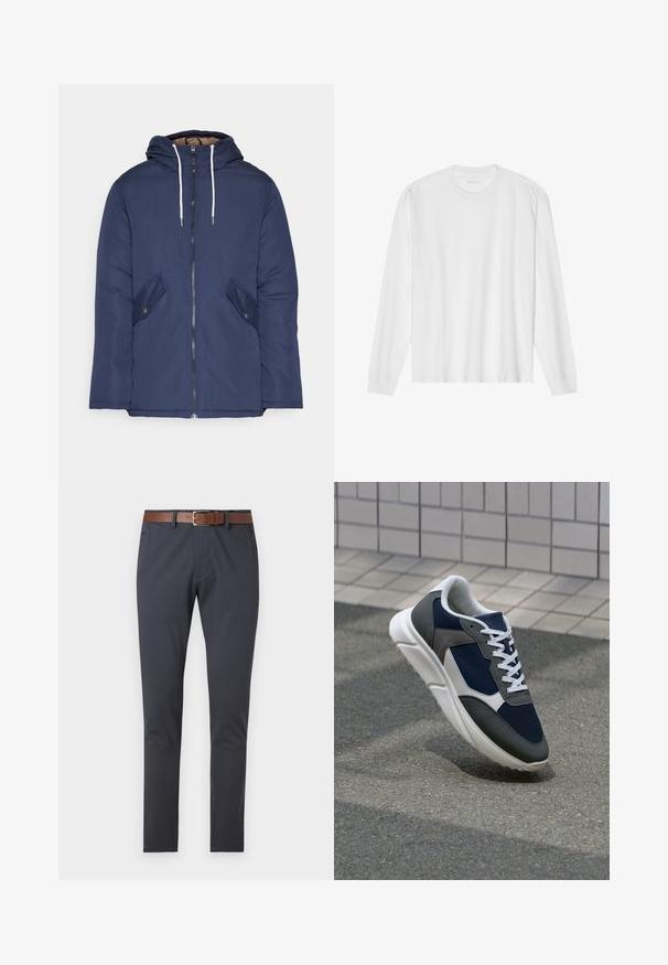 Marineblauwe gewatteerde jas met een capuchon, voorzien van een rits aan de voorkant, twee zijzakken met knopen en witte trekkoorden.; Wit katoenen t-shirt met lange mouwen, ronde hals en geribbelde manchetten. Eenvoudig, onopgesmukt ontwerp met een gladde textuur en een standaard pasvorm.; Donkerblauwe chino's met een zachte textuur, voorzien van een bruine leren riem met een rechthoekige zilveren gesp, aangepaste pasvorm en zonder zichtbare patronen.; Sneaker met een marineblauwe mesh bovenwerk, grijze suède accenten, witte rubberen zool en platte witte veters, ontworpen voor comfort en ademend vermogen.