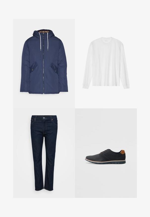 Navy blue padded jacket with a hood, featuring a front zipper, two side pockets with buttons, and white drawstrings.; Long-sleeve white cotton t-shirt with a crew neck and ribbed cuffs. Simple, unembellished design, featuring smooth texture and standard fit.; Dark blue straight-leg jeans with front button and zipper closure, front and back pockets, displayed on a white background.; Black synthetic shoes with a textured upper, smooth accents, brown heel, and a contrasting sole. Features minimal lacing and stitch details.