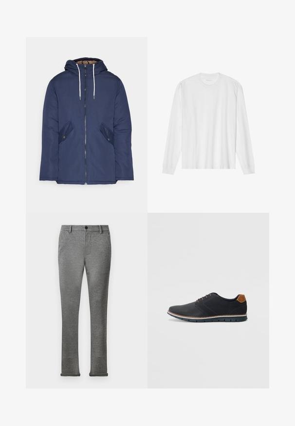 Jūras zila pufīgā jaka ar kapuci, kas aprīkota ar priekšējo rāvējslēdzēju, divām sānu kabatām ar pogām un baltiem aukliņām.; Garas piedurkņu balta kokvilnas T-kreklu ar apaļu kakla izgriezumu un ribotām aprocēm. Vienkāršs, neizpušķots dizains ar gludu tekstūru un standarta piegriezumu.; Pelēki, pieguļoši bikses, izgatavotas no mīksta auduma ar maigu tekstūru. Iekļautas pogu aizdare un apdare ar aplokiem, nodrošinot elegantu izskatu.; Melni sintētiskie apavi ar struktūru augšdaļā, gludu akcentu, brūnu papēdi un kontrastējošu zoli. Iezīmē minimālu šņorēšanu un šuvju detaļas.