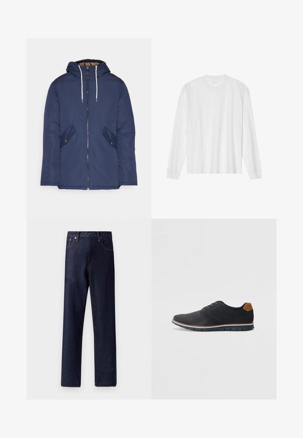 Veste matelassée bleu marine avec capuche, dotée d'une fermeture éclair à l'avant, de deux poches latérales avec boutons et de cordons de serrage blancs.; T-shirt en coton blanc à manches longues avec un col rond et des poignets côtelés. Design simple et sans ornements, avec une texture lisse et une coupe standard.; Jean en denim bleu foncé avec une coupe droite, cinq poches et des détails de couture subtils. Taille mi-haute avec bouton en métal et fermeture éclair.; Chaussures synthétiques noires avec un dessus texturé, accents lisses, talon marron et semelle contrastante. Présente un laçage minimal et des détails de couture.