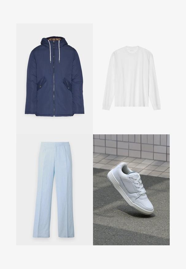 Mørkeblå polstret jakke med hætte, fremhævet af en frontlynlås, to sidelommer med knapper og hvide snore.; Langærmet hvid bomuldstrøje med rund hals og ribbede manchetter. Enkel, umasket design med en glat tekstur og standard pasform.; Lysblå, brede bukser i blødt stof med ribbet tekstur og elastisk talje, med frontfolder og en afslappet pasform.; Hvide lædersneakers med perforerede sider, teksturerede detaljer, flade snørebånd og en kontrasterende grå hæl. Har en let forhøjet sål.
