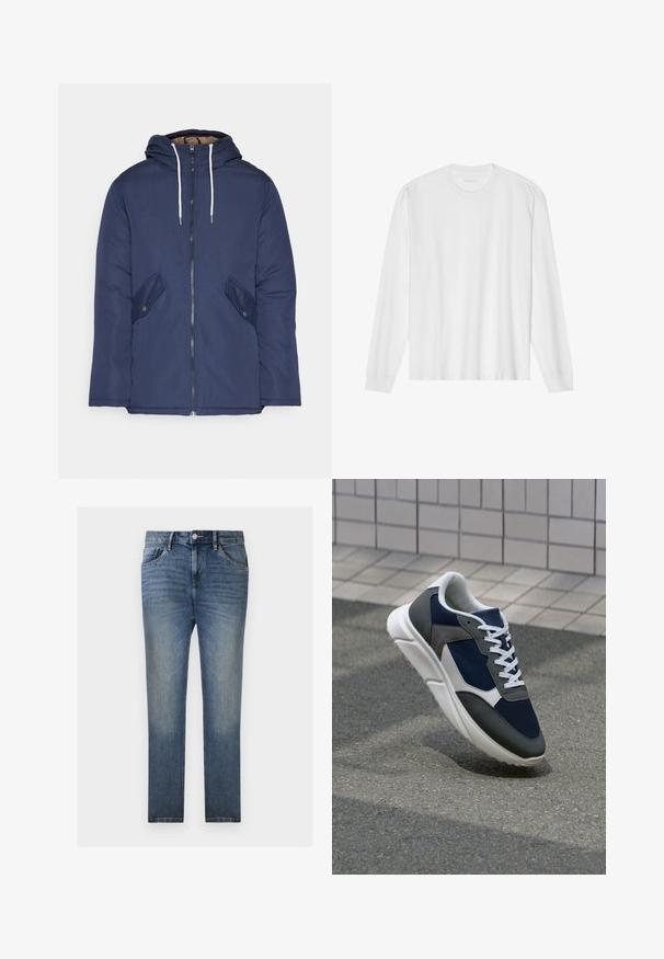 Tumesinine vahtkatseline jakk, millel on kapuuts, esilukk, kaks küljetaskut nupuga ja valged tõmblukud.; Pika, pikkide varrukatega valge puuvillane T-särk, millel on ümar kaelus ja soonikkoes mansetid. Lihtne, kaunistusteta disain, mis hõlmab siledat tekstuuri ja standardset sobivust.; TOM TAILOR JOSH - Sirgete säärtega teksad - clean light stone blue denim; Sneaker, mille sinine võrkkangas, hallid nubukdetailid, valge kummitald ja lamedad valged paelad, disainitud mugavuseks ja hingavuseks.