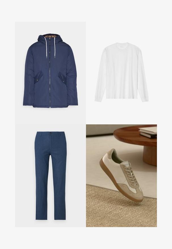 Námorně modrá prošívaná bunda s kapucí, která má přední zip, dvě boční kapsy s knoflíky a bílé šňůrky.; Bílá bavlněná trička s dlouhými rukávy, kulatým výstřihem a žebrovanými manžetami. Jednoduchý, nezdobený design, s hladkou strukturou a standardním střihem.; Námořnické modré kalhoty vyrobené z lehkého materiálu, s rovný střihem, zipovým zapínáním, knoflíkovým uzávěrem a bočními kapsami.; Lehká teniska s bílým koženým svrškem a béžovými semišovými akcenty, kulatou špičkou a texturovanou hnědou gumovou podrážkou.