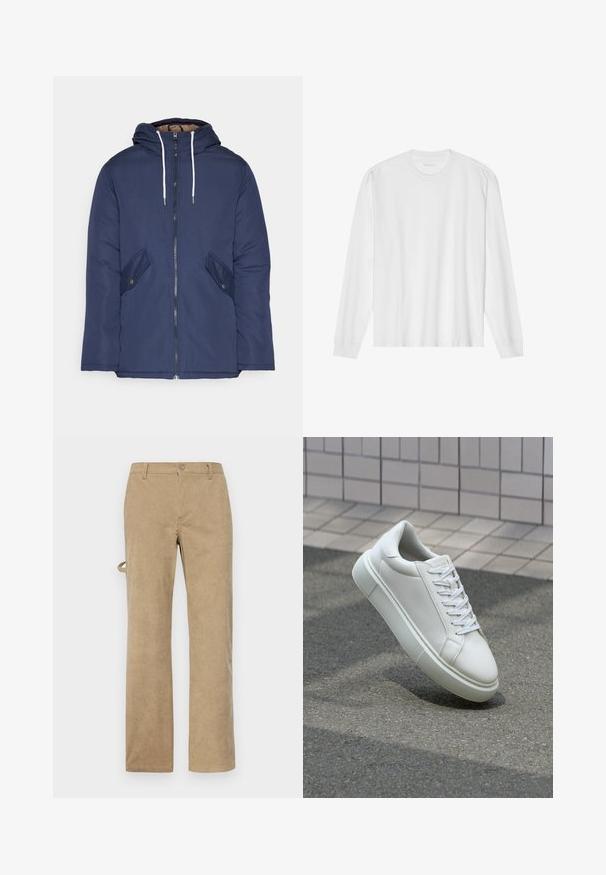 Sötétkék bélelt dzseki kapucnival, elülső cipzárral, két oldalsó zsebbel gombokkal és fehér húzózsinórokkal.; Hosszú ujjú fehér pamut póló, kerek nyakkivágással és bordázott mandzsettákkal. Egyszerű, díszítés nélküli dizájn, sima tapintással és normál fazonnal.; Beige kordbársony nadrág egyenes szabással, elülső gombos záródással és övbújtatókkal. Texturált anyag, függőleges csíkokkal.; Fehér bőr sportcipő sima felülettel, kerek orral és lapos fehér fűzőkkel. Texturált gumitalppal és minimális dizájnelemekkel rendelkezik.