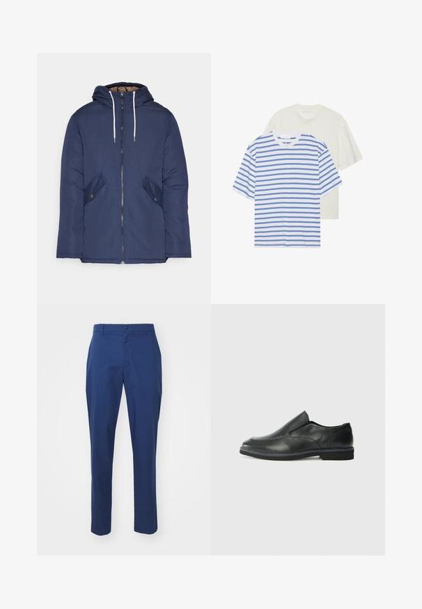 Navy plava podstava jakna s kapuljačom, koja ima prednji patentni zatvarač, dva bočna džepa s gumbima i bijele špage.; Dva majice kratkih rukava: jedna bijela s plavim prugama i jedna u jednoličnoj svijetloj boji. Mekani pamučni materijal, dizajn s okruglim izrezom, opušteni kroj.; Mornarsko plave chinos hlače od glatkog materijala, s kopčanjem na dugme, petljama za remen i suženim nogavicama. Minimalistički dizajn bez uzoraka.; Crne kožne cipele na sklapanje s glatkom gornjom površinom, prošivenim detaljima, zaobljenim vrhom i niskim gumene potplate. Potplat ima minimalne uzorke.