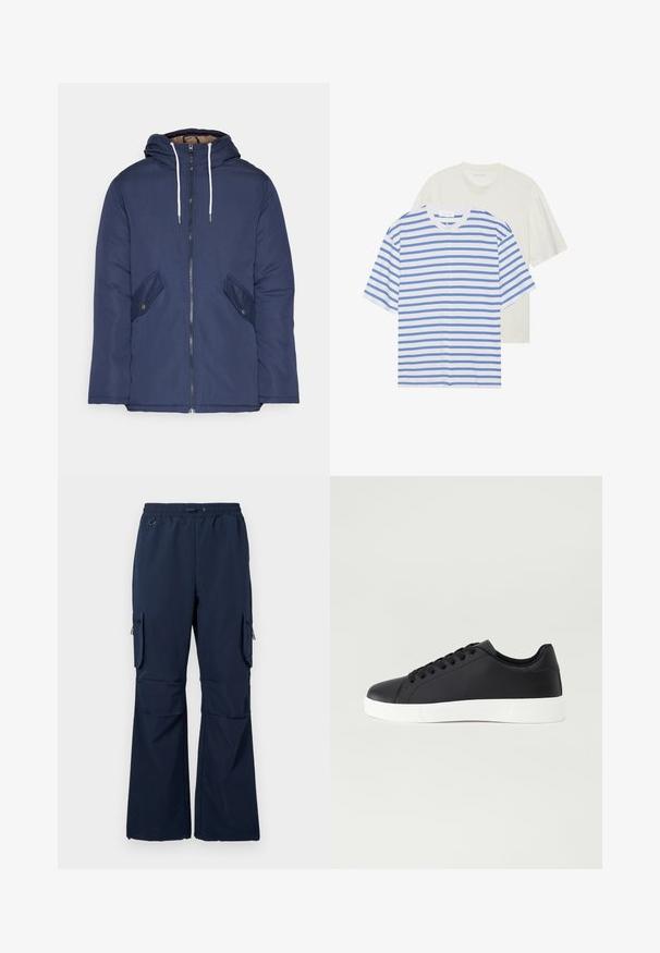 Marineblå polstret jakke med hette, med glidelås foran, to sidelommer med knapper og hvite snorer.; To skjorte med kort erme: en hvit med blå striper og en ensfarget lys kremfarge. Mykt bomullsmateriale, rund halsdesign, avslappet passform.; Marine cargobukser laget av lett stoff, med snøring i midjen, to sidelommer og glidelåslommer på begge ben.; Pier One Joggesko - black