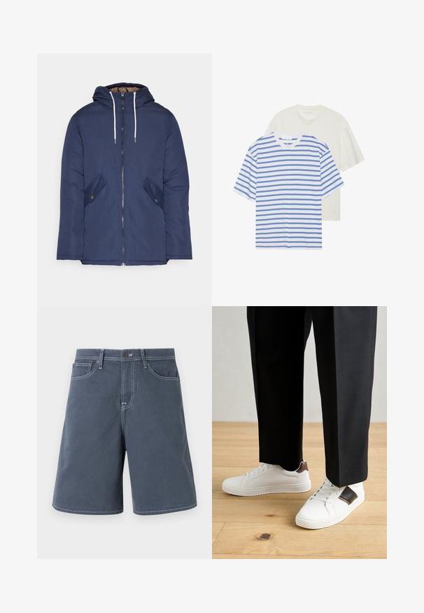 Veste matelassée bleu marine avec capuche, dotée d'une fermeture éclair à l'avant, de deux poches latérales avec boutons et de cordons de serrage blancs.; Deux t-shirts à manches courtes : un blanc avec des rayures bleues et un autre de couleur crème claire uniforme. Matière en coton doux, design col rond, coupe décontractée.; Shorts bleu foncé en coton avec des coutures blanches, cinq poches et un système de fermeture à bouton à la taille. Design à jambe droite, avec un minimum de détails.; Des sneakers blanches au texture lisse, avec des accents en cuir marron et des détails noirs, assorties à un pantalon noir ajusté. Fond en parquet.