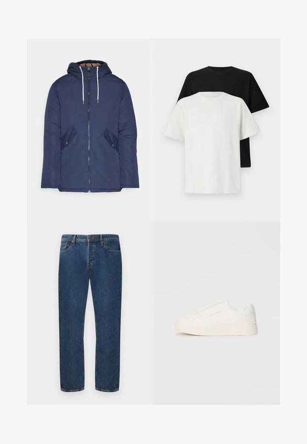 Navy plava podstava jakna s kapuljačom, koja ima prednji patentni zatvarač, dva bočna džepa s gumbima i bijele špage.; Set pamučnih majica koji uključuje crnu i bijelu majicu, obje s kratkim rukavima, okruglim izrezom i klasičnim krojem. Tekstura tkanine.; Tamno plava traperica ravnog kroja s pet džepova i kopčanjem na gumb. Tkanina ima vidljivu teksturu i suptilan efekt izbljeđivanja.; Bijele slip-on tenisice s teksturiranom površinom, debelim đonom i minimalističkim dizajnom. Sadrže logo branda sa strane.