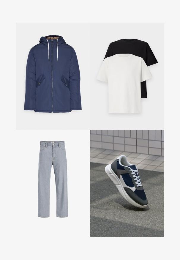 Laivasilkkinen vuorattu takki hupulla, jossa on etuvetoketju, kaksi nappikiinnityksellä varustettua sivutaskua ja valkoiset nyörit.; Setti puuvillapaitoja, joissa on musta ja valkoinen paita, molemmat lyhythihaisilla, pyöreällä kaula-aukolla ja normaalilla istuvuudella. Teksturoitu kangas.; Vaaleansiniset farkut rento istuvuus, suorat lahkeet, näkyvät saumat, kaksi etutaskua ja napitus.; Kengät, joissa on tummansininen verkkopäällinen, harmaat mokka-yksityiskohdat, valkoinen kumipohja ja litteät valkoiset nauhat, suunniteltu mukavuutta ja hengittävyyttä varten.