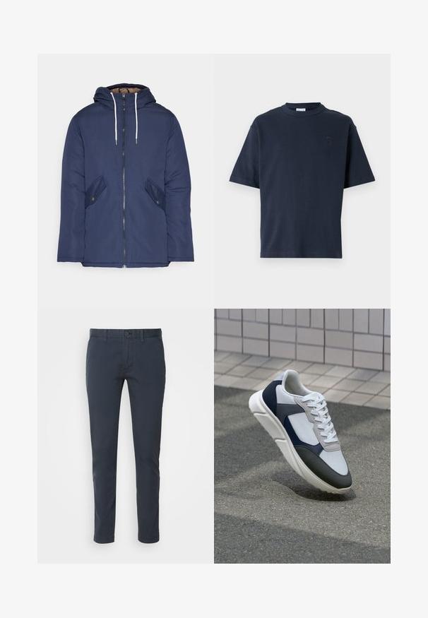 Laivasilkkinen vuorattu takki hupulla, jossa on etuvetoketju, kaksi nappikiinnityksellä varustettua sivutaskua ja valkoiset nyörit.; T-paita, jossa on lyhyet hihat, tummansinisestä puuvillasta. Ominaisuuksia ovat pyöreä kaula-aukko ja hillitty logo rinnassa. Suora leikattu malli ilman kuvioita.; Tummansininen chinoa kevytpuuvillasta, suoran leikkauksen, nappikiinnityksen ja etutaskujen kanssa. Tasainen pinta, jossa on minimaalista yksityiskohtaisuutta.; Valkoinen, laivastonsininen ja harmaa tennari sekamateriaalimuotoilulla, jossa on teksturoitu päällinen, litteät nauhat ja pehmustettu pohja.