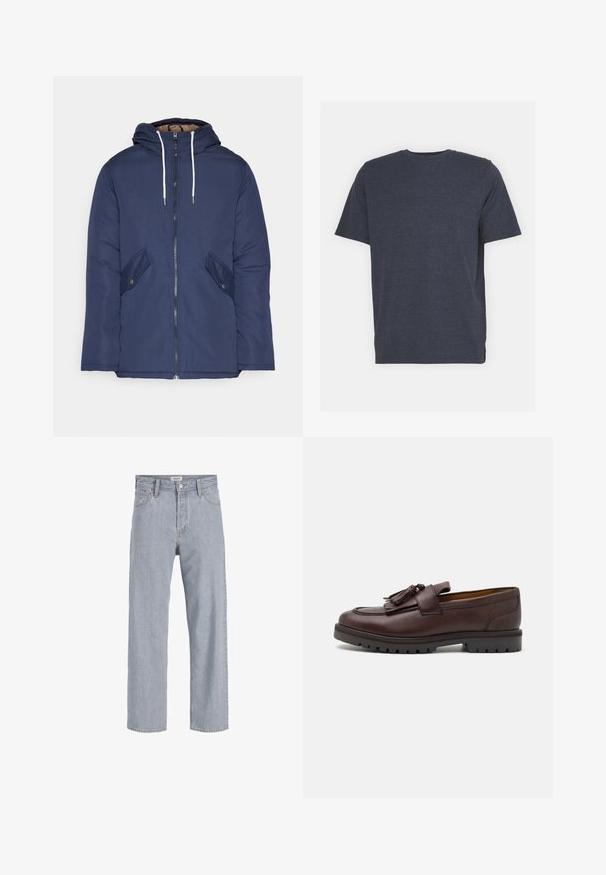 Sötétkék bélelt dzseki kapucnival, elülső cipzárral, két oldalsó zsebbel gombokkal és fehér húzózsinórokkal.; Sötétkék, kerek nyakú póló, puha pamut keverék anyagból készült, rövid ujjú és normál szabású. Nincsenek látható minták vagy díszítések.; Világoskék farmernadrág, laza szabású, egyenes lábú kialakítással, látható varrással, két elülső zsebbel és gombos záródással.; Zign Alkalmi belebújós cipők - brown