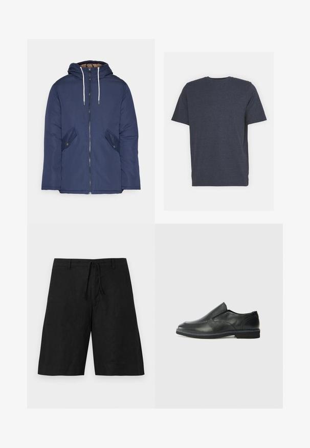 Σακάκι ναυτικού μπλε με επένδυση και κουκούλα, με φερμουάρ μπροστά, δύο πλάγιες τσέπες με κουμπιά και λευκές κορδόνες.; Μπλέ ναυτικό μπλουζάκι με στρογγυλή λαιμόκοψη, κατασκευασμένο από μαλακό ύφασμα μείγματος βαμβακιού, με κοντά μανίκια και κανονική εφαρμογή. Χωρίς ορατά σχέδια ή διακοσμητικά.; Μαύρες λινές βερμούδες με χαλαρή εφαρμογή, κορδόνι για τη μέση και χωρίς εμφανή σχέδια. Το ύφασμα φαίνεται ελαφρύ με ελαφρώς υφή.; Μαύρο δερμάτινο παπούτσι χωρίς κορδόνια με λείο επάνω μέρος, ραφές, στρογγυλή μύτη και χαμηλό λάστιχο τακούνι. Η σόλα διαθέτει ελάχιστο σχέδιο.