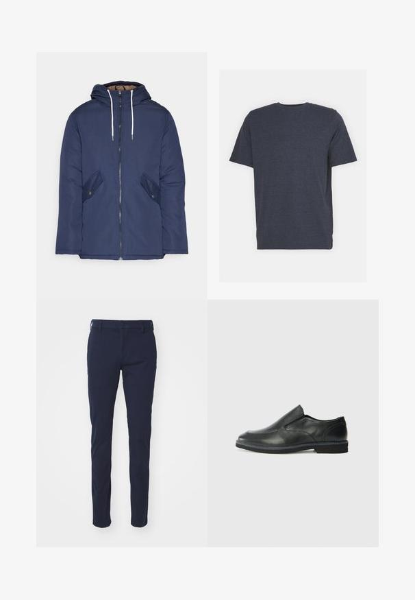 Jūras zila pufīgā jaka ar kapuci, kas aprīkota ar priekšējo rāvējslēdzēju, divām sānu kabatām ar pogām un baltiem aukliņām.; Jūras zila apdalījuma T-krekls ar apaļu kakla izgriezumu, izgatavots no maiga kokvilnas auduma, ar īsām piedurknēm un regular fit piegriezumu. Nav redzamu rakstu vai akcentu.; Tumši zili bikses ar gludu tekstūru, šaura piegriezuma dizains, jostas cilpas, pogu aizdare un priekšējās kabatas. Nav redzamu rakstu vai akcents.; Melnas ādas slip-on kurpes ar gludu augšdaļu, izšūtām akcentiem, noapaļotu purngala daļu un zemu gumijas papēdi. Zole ar minimālu rakstu.