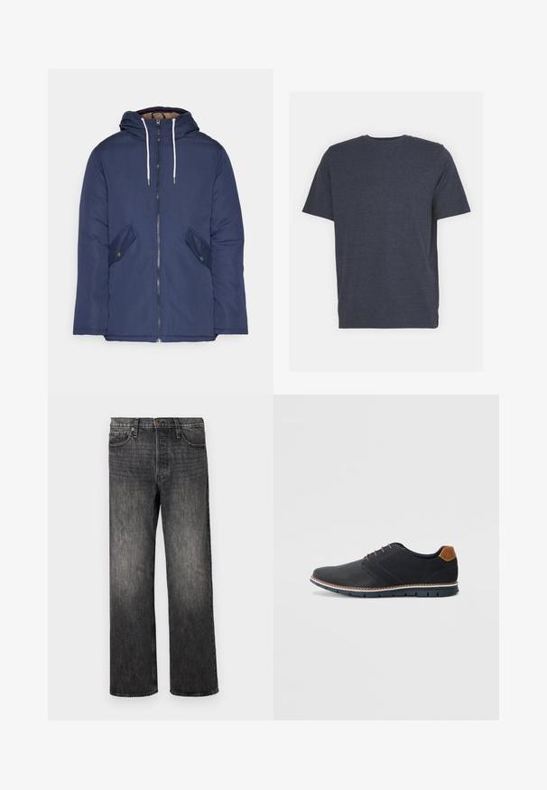 Veste matelassée bleu marine avec capuche, dotée d'une fermeture éclair à l'avant, de deux poches latérales avec boutons et de cordons de serrage blancs.; T-shirt bleu marine à col rond en tissu de coton mélangé doux, avec des manches courtes et une coupe régulière. Pas de motifs ni d'accents visibles.; Jeans en denim gris foncé avec une coupe droite, cinq poches, fermeture par bouton en métal et un léger délavage. Design épuré sans motifs visibles.; Chaussures synthétiques noires avec un dessus texturé, accents lisses, talon marron et semelle contrastante. Présente un laçage minimal et des détails de couture.