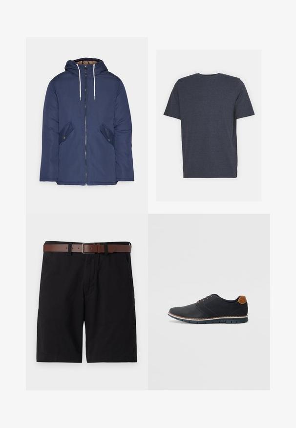 Granatowa pikowana kurtka z kapturem, z zamkiem z przodu, dwoma bocznymi kieszeniami z guzikami oraz białymi sznurkami.; Granatowa koszulka z okrągłym dekoltem, wykonana z miękkiej bawełny z dodatkiem włókien syntetycznych, z krótkimi rękawami i regularnym krojem. Bez widocznych wzorów ani akcentów.; Czarne bawełniane szorty z brązowym skórzanym pasekiem. Projekt obejmuje kieszenie z przodu oraz prosty krój z wykończonymi brzegami.; Czarne syntetyczne buty z fakturowaną cholewką, gładkimi akcentami, brązowym obcasem i kontrastującą podeszwą. Charakteryzują się minimalnym sznurowaniem i detalami w szwach.