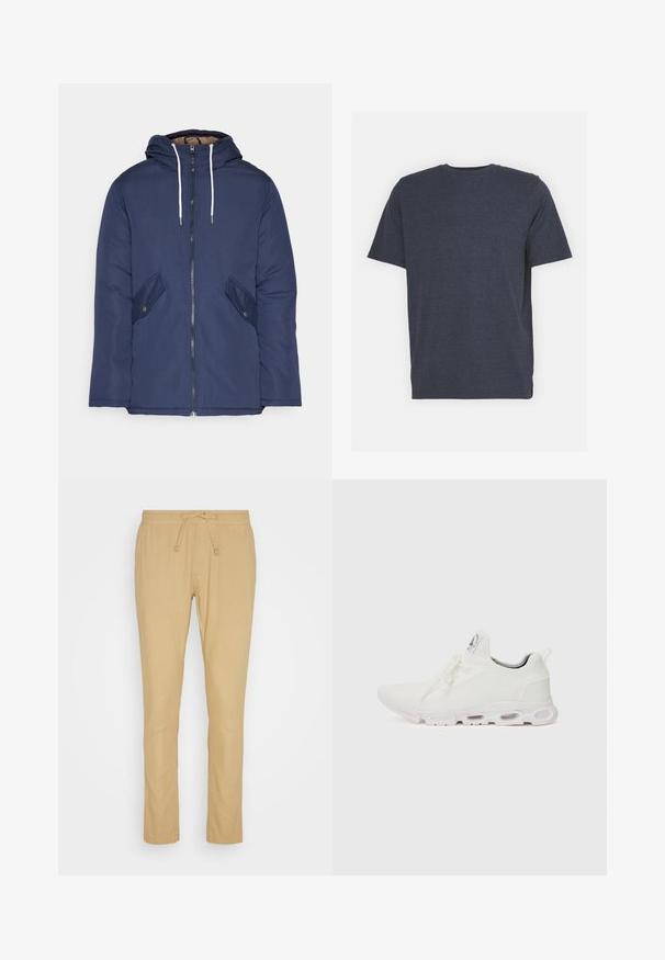 Námorně modrá prošívaná bunda s kapucí, která má přední zip, dvě boční kapsy s knoflíky a bílé šňůrky.; Navy modrá tričko s kulatým výstřihem vyrobené z jemné bavlněné směsi, s krátkými rukávy a regular fit. Žádné viditelné vzory ani akcenty.; Béžové kalhoty vyrobené z lehkého materiálu, s elastickým pasem na šňůrku, rovného střihu a hladkou texturou.; Bílé sportovní boty s texturovaným pleteným svrškem, plochými tkaničkami a polstrovanou podešví s viditelnými vzduchovými komorami pro zvýšenou podporu.