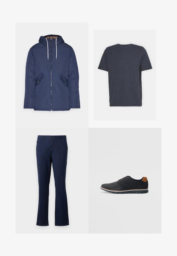 Marinblå vadderad jacka med huva, som har en framdragkedja, två sidofickor med knappar och vita dragsnören.; Mörkblåt t-shirt med rund halsringning, tillverkad av mjukt bomullsblandat tyg, med korta ärmar och normal passform. Inga synliga mönster eller detaljer.; Marinblå byxor av lätt material med rak benform, framfickor och knappstängning i midjan.; Svarta syntetiska skor med en strukturerad ovandel, släta detaljer, brun klack och en kontrasterande sula. Har minimal snörning och sömdetaljer.