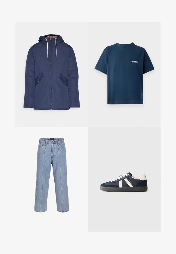 Jūras zila pufīgā jaka ar kapuci, kas aprīkota ar priekšējo rāvējslēdzēju, divām sānu kabatām ar pogām un baltiem aukliņām.; Tumši zils kokvilnas T-krekls ar īsām piedurknēm un apaļu kakla izgriezumu. Uz kreisās krūtis ir neliels balts logo. Mīksta tekstūra.; Gai zilos džinsus ar brīvu piegriezumu, platām kājām un redzamām šuvēm. Iespējams, pogu un rāvējslēdzēja aizdare, pieci kabatas.; Jūras zilas kedas ar baltām šņorēm, divas baltas svītras sānos, melna zole un "JACK & JONES" logo zeltītā un melnā krāsā.