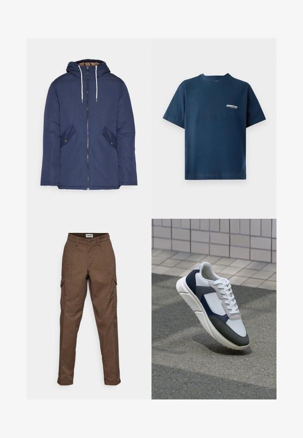 Námornícky modrá vystužená bunda s kapucňou, so zipsom vpredu, dvomi bočnými vreckami s gombíkmi a bielymi šnúrkami.; Námornícky modré bavlnené tričko s krátkymi rukávmi a okrúhlym výstrihom. Obsahuje malé biele logo na ľavej strane hrudníka. Mäkká textúra.; Hnedé cargo nohavice s rovnou prednou časťou, dvoma bočnými vreckami a jedným cargo vreckom na ľavej nohe. Vyrobené z odolného materiálu s rovný strihom nohavíc.; Biele, námornícke a šedé tenisky s kombinovaným materiálom, so štruktúrovaným zvrškom, plochými šnúrkami a polstrovanou podošvou.