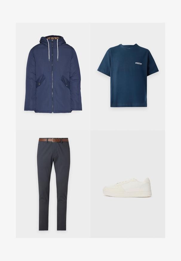 Marineblå polstret jakke med hette, med glidelås foran, to sidelommer med knapper og hvite snorer.; Marineblå bomull T-skjorte med korte ermer og rund hals. Har en liten hvit logo på venstre brystområde. Myk tekstur.; Mørkeblå chinos med en jevn tekstur, utstyrt med et brunt lærbelte med en rektangulær sølvspenne, tilpasset passform og uten synlige mønstre.; Hvit sneakers med en glatt læroverdel og suedeforsterkninger. Har en perforert tå, flate lisser og en gummisåle med teksturert detaljering.