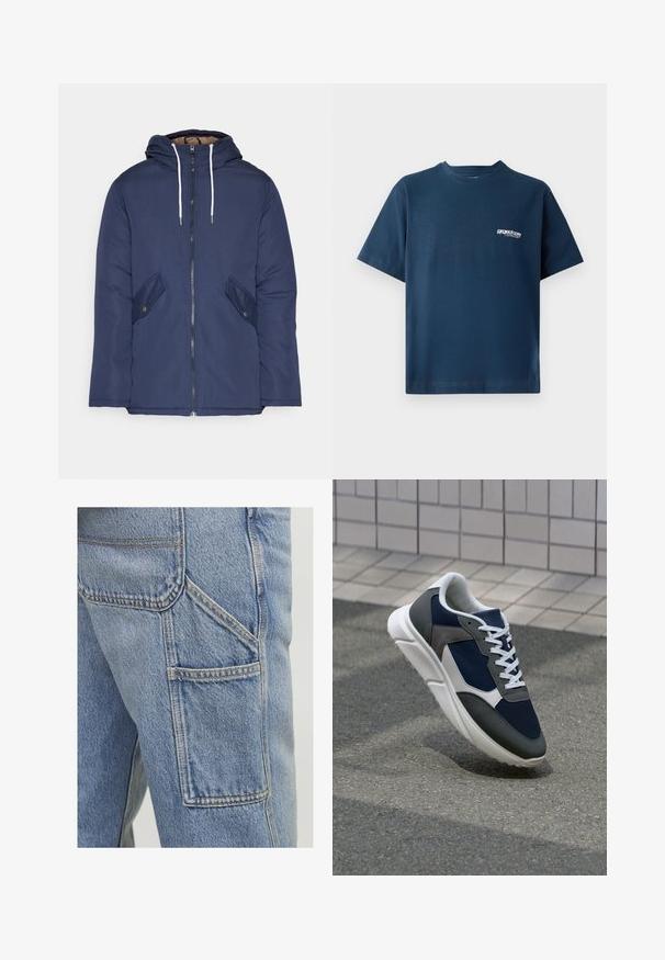 Marineblå polstret jakke med hette, med glidelås foran, to sidelommer med knapper og hvite snorer.; Marineblå bomull T-skjorte med korte ermer og rund hals. Har en liten hvit logo på venstre brystområde. Myk tekstur.; Lyseblå denim cargo bukser har en stor sidelomme, diskrete sømdetaljer og en avslappet passform med en lett teksturert overflate.; Sneakers med en navy blå mesh-overdel, grå sømværk, hvit gummisåle og flate hvite snører, designet for komfort og pusteevne.