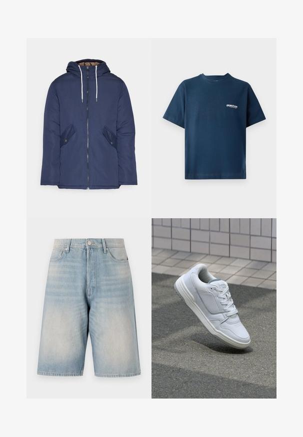 Marineblå polstret jakke med hette, med glidelås foran, to sidelommer med knapper og hvite snorer.; Marineblå bomull T-skjorte med korte ermer og rund hals. Har en liten hvit logo på venstre brystområde. Myk tekstur.; Lys blå denimshorts med en avslappet passform. Har knappelukking, beltehemper og to frontlommer. Dovnet tekstur gjennom hele.; Hvite lær sneakers med perforerte sider, teksturerte detaljer, flate lisser og en kontrasterende grå hæl. Har en lite hevet såle.