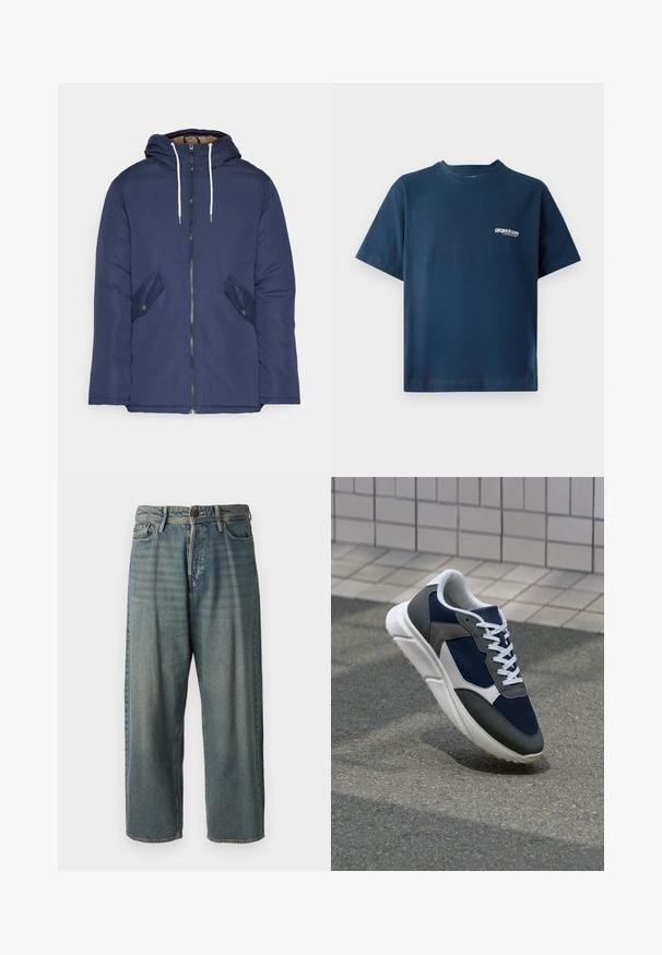 Tumesinine vahtkatseline jakk, millel on kapuuts, esilukk, kaks küljetaskut nupuga ja valged tõmblukud.; Tumed sinine puuvillane t-särk lühikeste varrukatega ja ümmarguse kaelusega. Vasakul rinnal on väike valge logo. Pehme tekstuur.; Heledad sinine denim-stiilis teksad, volüümse lõike, keskmise kõrgusega talje ja sirgete säärega. Omab viit taskut, vöökumme ja nööpide sulgemist.; Sneaker, mille sinine võrkkangas, hallid nubukdetailid, valge kummitald ja lamedad valged paelad, disainitud mugavuseks ja hingavuseks.