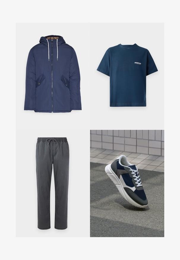 Navy blue padded jacket with a hood, featuring a front zipper, two side pockets with buttons, and white drawstrings.; Navy blue cotton t-shirt with short sleeves and a round neckline. Features a small white logo on the left chest area. Soft texture.; Gray, loose-fitting pants made of cotton, featuring an elastic waistband with a drawstring, straight legs, and no pockets.; Sneaker featuring a navy blue mesh upper, gray suede accents, white rubber sole, and flat white laces, designed for comfort and breathability.