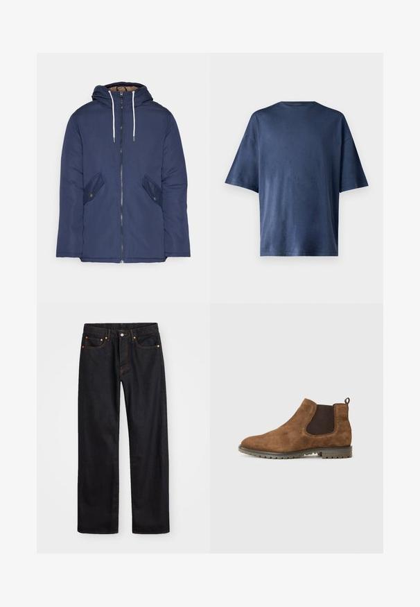 Veste matelassée bleu marine avec capuche, dotée d'une fermeture éclair à l'avant, de deux poches latérales avec boutons et de cordons de serrage blancs.; T-shirt navy bleu à manches courtes, fabriqué en tissu doux, présente un col rond classique et une coupe décontractée, sans motifs ni accents visibles.; Jean en denim noir pour hommes, coupe droite, avec cinq poches et surpiqûres orange, fermeture par bouton et zip à la taille avant.; Bottines Chelsea en suede marron avec des panneaux élastiques sur les côtés, une languette de tirage et une semelle en caoutchouc texturé présentant des rainures pour une meilleure adhérence.