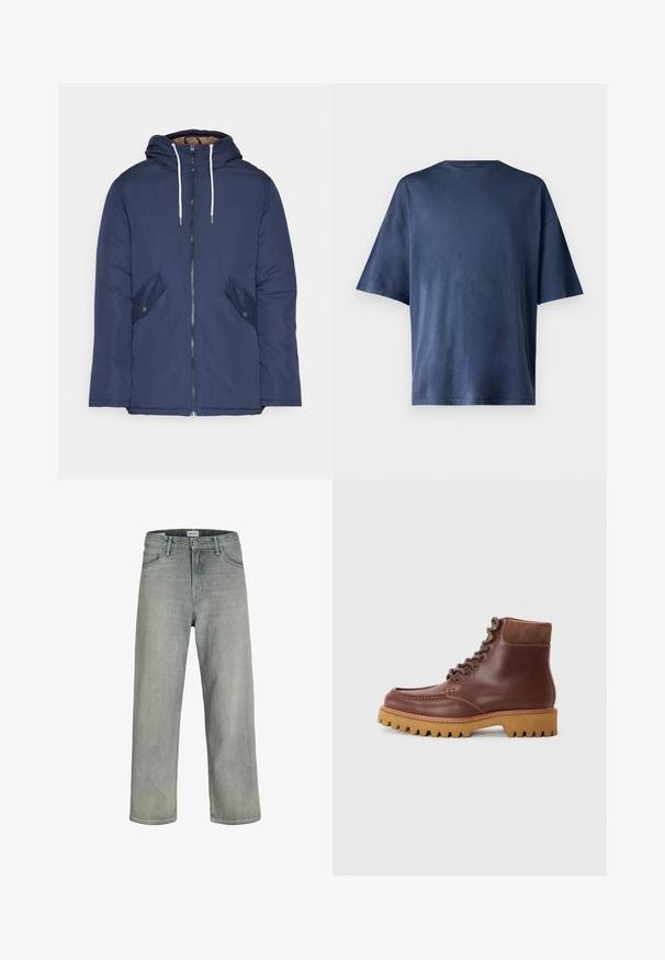 Giacca imbottita blu navy con cappuccio, dotata di zip frontale, due tasche laterali con bottoni e lacci bianchi.; Maglietta a maniche corte blu navy, realizzata in un tessuto morbido, presenta un classico colletto girocollo e una vestibilità comoda, senza motivi o dettagli visibili.; Jeans grigi chiaro, con vestibilità comoda, realizzati in denim. Presentano un classico design a cinque tasche, passanti per cintura e una silhouette a gamba dritta.; Stivali alla caviglia in pelle marrone con dettagli in camoscio, punta tonda e suola in gomma testurizzata. Presenta occhielli in metallo e lacci piatti.