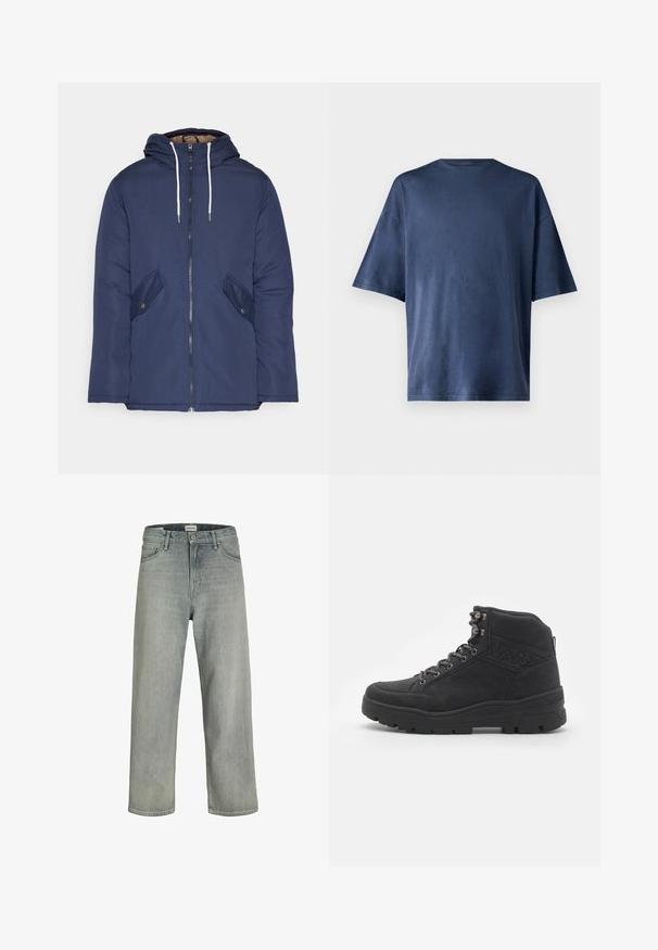 Chaqueta acolchada de color azul marino con capucha, cuenta con un cierre frontal de cremallera, dos bolsillos laterales con botones y cordones blancos.; Camiseta de manga corta azul marino, hecha de una tela suave, con un cuello redondo clásico y un corte relajado, sin patrones ni acentos visibles.; Vaqueros de mezclilla de un gris claro y corte holgado. Presentan un diseño clásico de cinco bolsillos, pasadores de cinturón y una silueta de pierna recta.; Botas negras de ante hasta el tobillo. Presentan ojales de metal, cordones y una suela de goma texturizada con un talón reforzado.