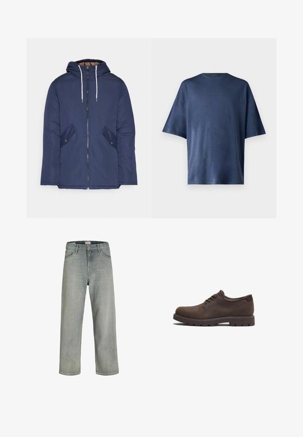 Giacca imbottita blu navy con cappuccio, dotata di zip frontale, due tasche laterali con bottoni e lacci bianchi.; Maglietta a maniche corte blu navy, realizzata in un tessuto morbido, presenta un classico colletto girocollo e una vestibilità comoda, senza motivi o dettagli visibili.; Jeans grigi chiaro, con vestibilità comoda, realizzati in denim. Presentano un classico design a cinque tasche, passanti per cintura e una silhouette a gamba dritta.; Scarpe in pelle marrone con punta arrotondata e design con lacci. Presentano una superficie testurizzata e una suola in gomma ad alta trazione. Logo sottile sul lato.