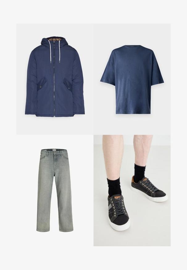 Tumesinine vahtkatseline jakk, millel on kapuuts, esilukk, kaks küljetaskut nupuga ja valged tõmblukud.; Tumesinine lühikeste varrukatega T-särk, valmistatud pehmest kangast, omab klassikalist ümarat kaelust ja mugavat lõiget, ilma nähtavate mustrite või aktsentideta.; Heledad hallhallid, laia lõikega denimist teksased. Omavad klassikalist viie tasku disaini, vööloopse ja sirget säärelõiget.; Hallid hallid kangast tossud valgete kummitaldadega, mustad nöörid ja pruuni nahktäiendusega kandadel, koos mustade soonikkudega sokkidega.