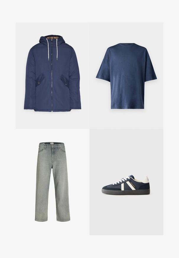 Giacca imbottita blu navy con cappuccio, dotata di zip frontale, due tasche laterali con bottoni e lacci bianchi.; Maglietta a maniche corte blu navy, realizzata in un tessuto morbido, presenta un classico colletto girocollo e una vestibilità comoda, senza motivi o dettagli visibili.; Jeans grigi chiaro, con vestibilità comoda, realizzati in denim. Presentano un classico design a cinque tasche, passanti per cintura e una silhouette a gamba dritta.; Sneaker blu navy con lacci bianchi, due strisce bianche sui lati, suola nera e logo "JACK & JONES" in oro e nero.