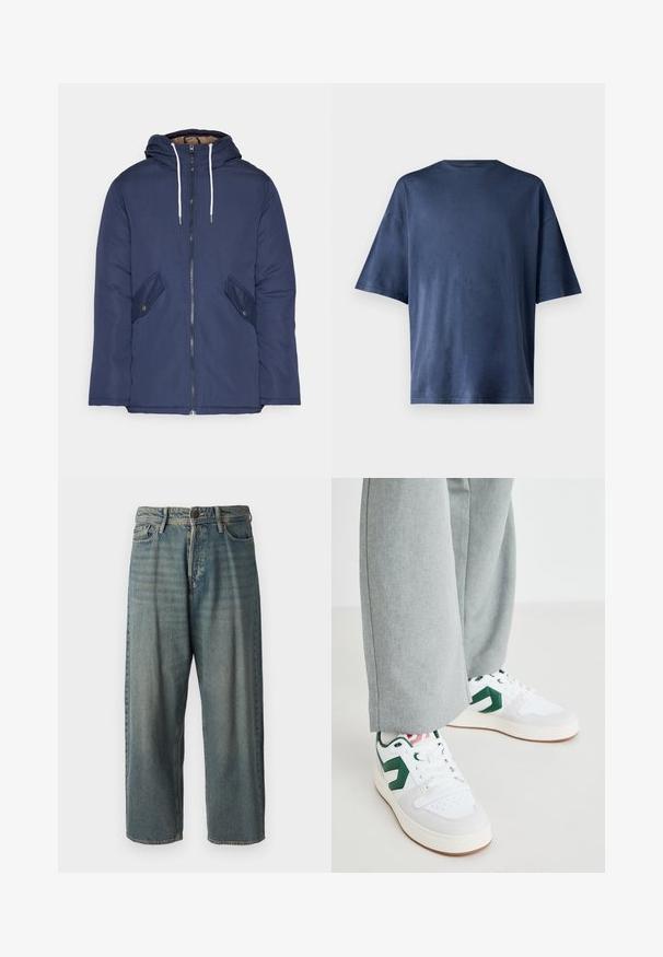 Sötétkék bélelt dzseki kapucnival, elülső cipzárral, két oldalsó zsebbel gombokkal és fehér húzózsinórokkal.; Tengerészkék, rövid ujjú póló, puha anyagból készült, klasszikus kerek nyakkal és laza szabással, látható minták vagy díszítések nélkül.; Világoskék farmernadrág, laza fazonnal, közepes derékbőséggel és egyenes szárral. Öt zsebet, övbucskát és gombos záródást tartalmaz.; Fehér és zöld sportcipők sima bőr és velúr anyagból, kiemelkedő zöld logóval és fehér fűzőkkel. Részben látható szürke nadrág.