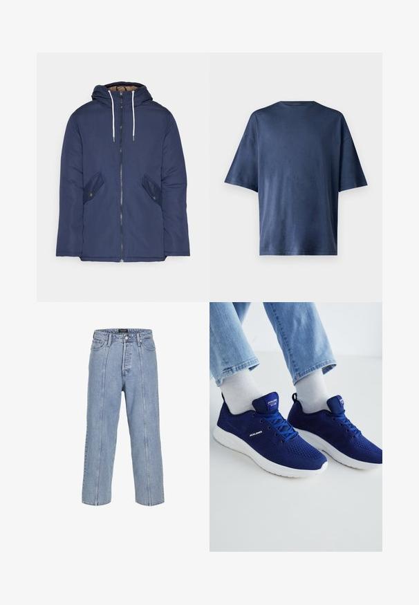 Granatowa pikowana kurtka z kapturem, z zamkiem z przodu, dwoma bocznymi kieszeniami z guzikami oraz białymi sznurkami.; Granatowa koszulka z krótkim rękawem, wykonana z miękkiego materiału, z klasycznym okrągłym dekoltem i luźnym krojem, bez widocznych wzorów czy akcentów.; Jasnoniebieskie dżinsy o luźnym kroju, szerokich nogawkach i widocznych detalach szwów. Posiadają zapięcie na guzik i zamek błyskawiczny oraz pięć kieszeni.; Jack & Jones JFWCROXLEY niebieski