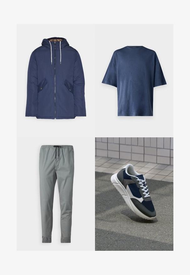 Mornarsko modra podložena jakna s kapuco, ki ima sprednji zadrgo, dva stranska žepa s gumbi in bele vrvice.; Temno modra kratka majica s kratkimi rokavi, izdelana iz mehkega materiala, ima klasičen kroj ovratnika in sproščen fit, brez vidnih vzorcev ali poudarkov.; Sive casual hlače z elastičnim pásom, z vrvico za zavezovanje in zoženimi hlačnicami. Gladek material z elastičnimi manšetami na gležnjih.; Superge z zgornjim delom iz mrežaste tkanine v mornarsko modri barvi, sivi usnjeni poudarki, belo gumijasto podplato in ravnimi belimi vezalkami, zasnovane za udobje in zračnost.